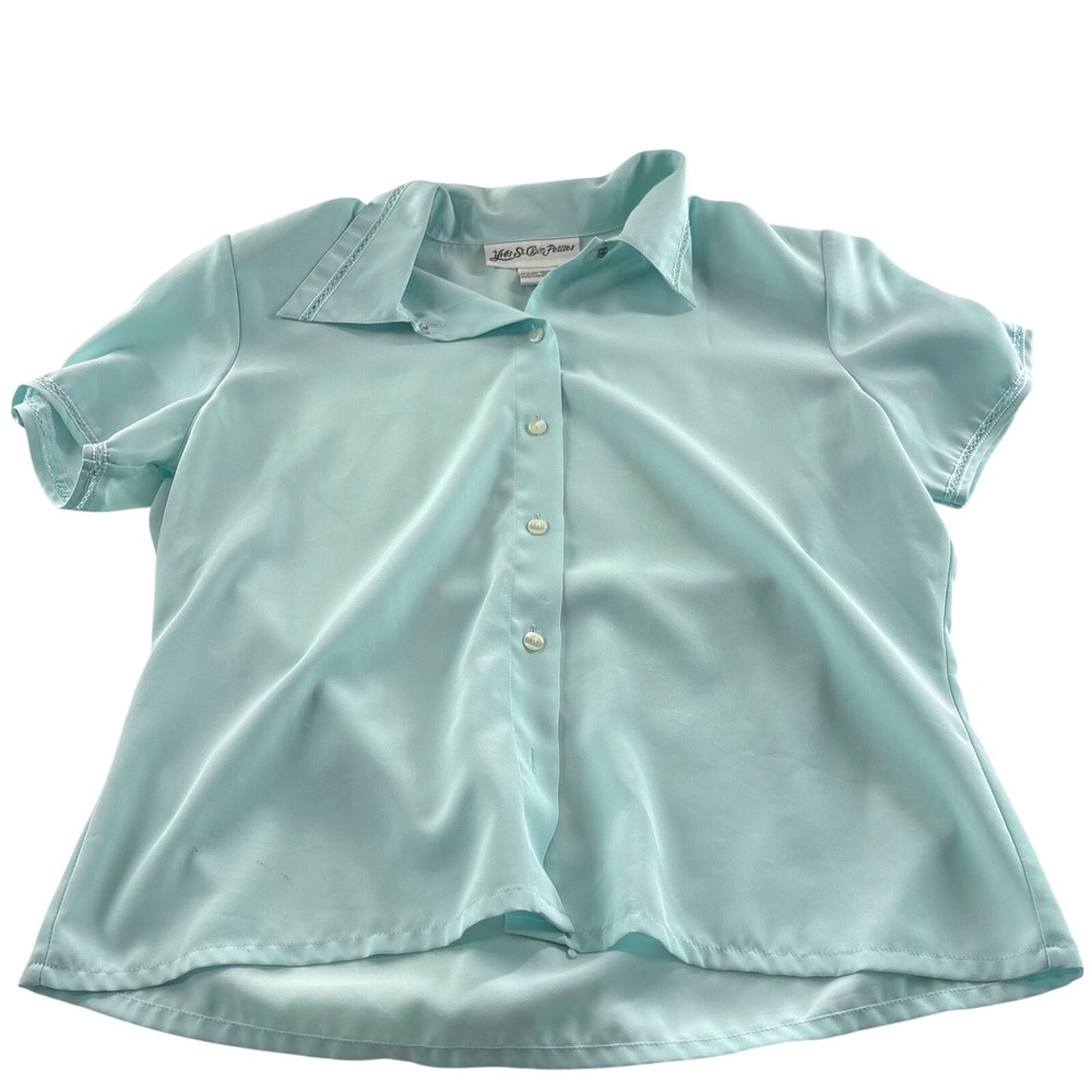 Yves St Clair Petites Vintage Aqua Blue Short Sleeve Button Down Blouse Size 12